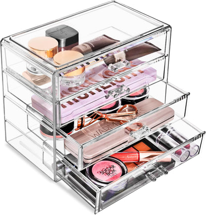 Wide 4-Drawer Makeup Organizer Set for Vanity & Countertop (Clear)