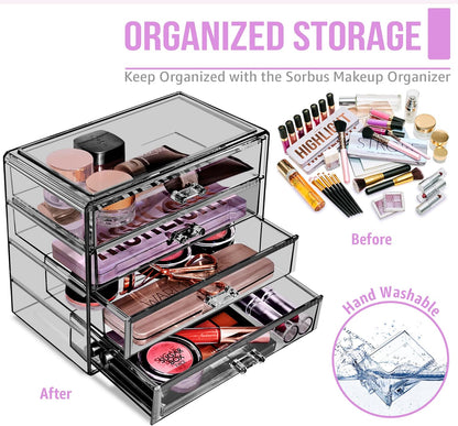Wide 4-Drawer Makeup Organizer Set for Vanity & Countertop (Clear)