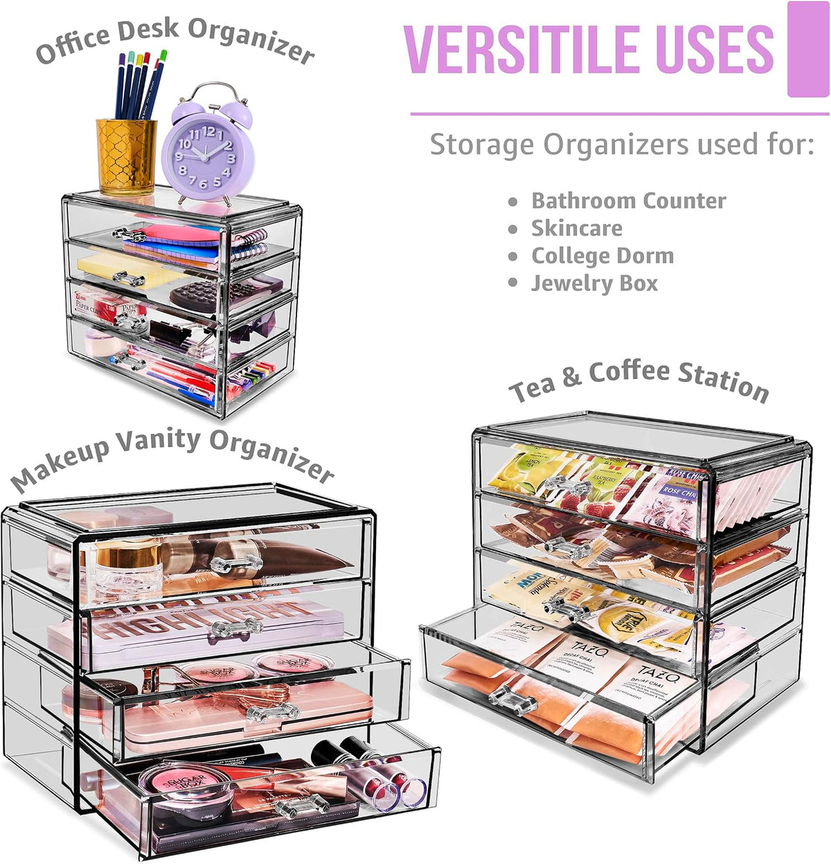 Wide 4-Drawer Makeup Organizer Set for Vanity & Countertop (Clear)