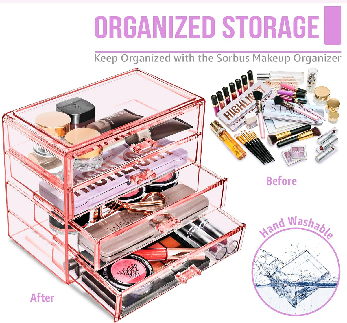Wide 4-Drawer Makeup Organizer Set for Vanity & Countertop (Clear)