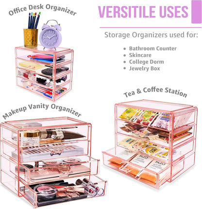 Wide 4-Drawer Makeup Organizer Set for Vanity & Countertop (Clear)