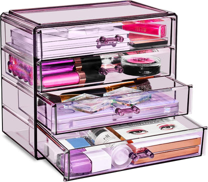 Wide 4-Drawer Makeup Organizer Set for Vanity & Countertop (Clear)