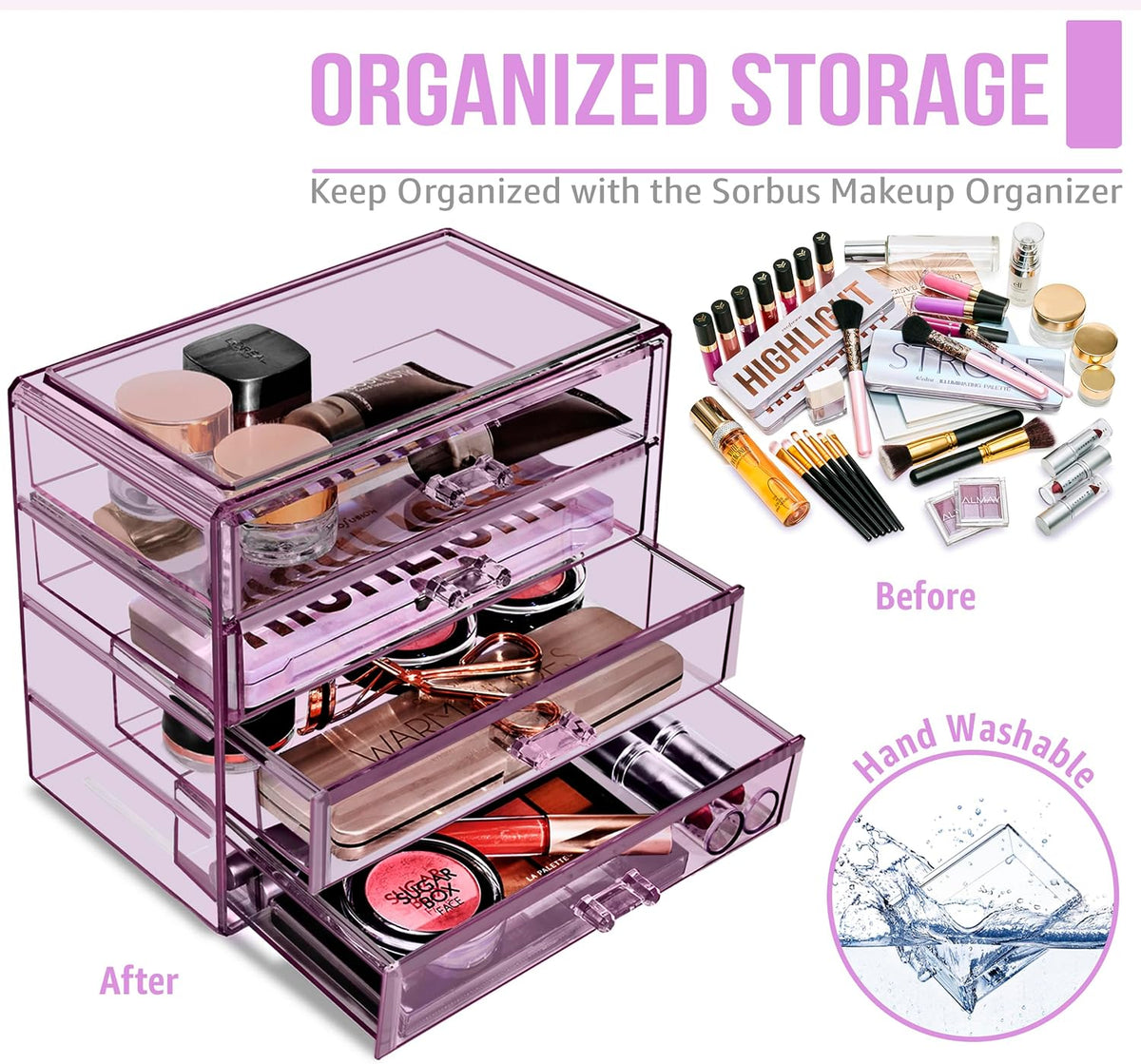 Wide 4-Drawer Makeup Organizer Set for Vanity & Countertop (Clear)