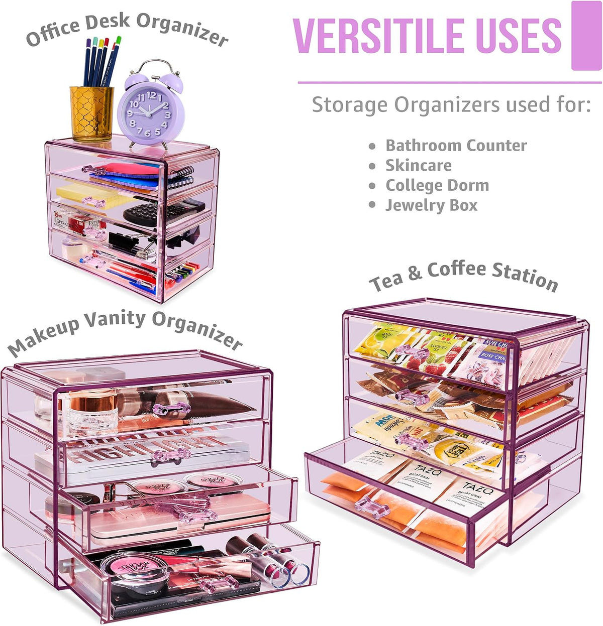 Wide 4-Drawer Makeup Organizer Set for Vanity & Countertop (Clear)