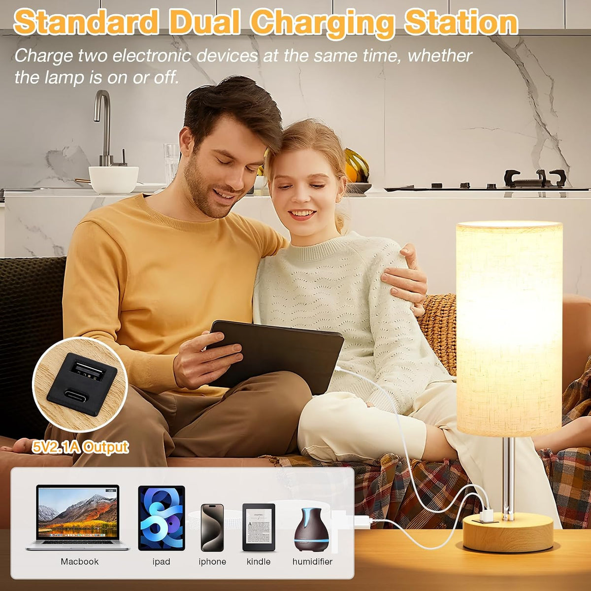 Dicoool Bedside Table Lamp for Bedroom - 3-Way Dimmable Touch Lamp, USB A+C