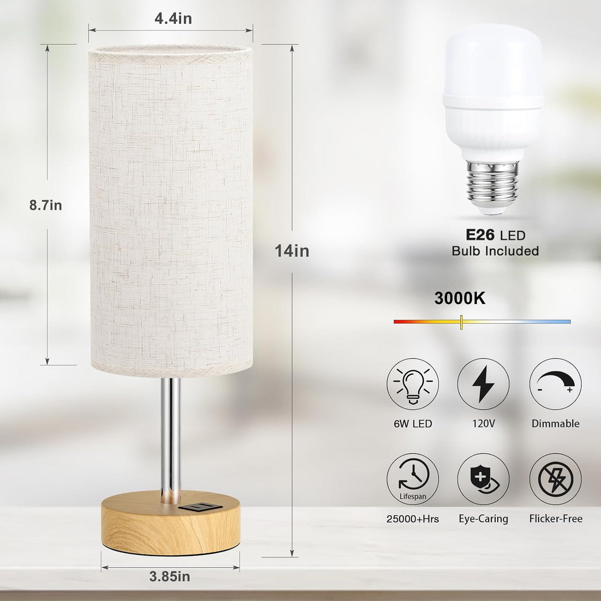 Dicoool Bedside Table Lamp for Bedroom - 3-Way Dimmable Touch Lamp, USB A+C