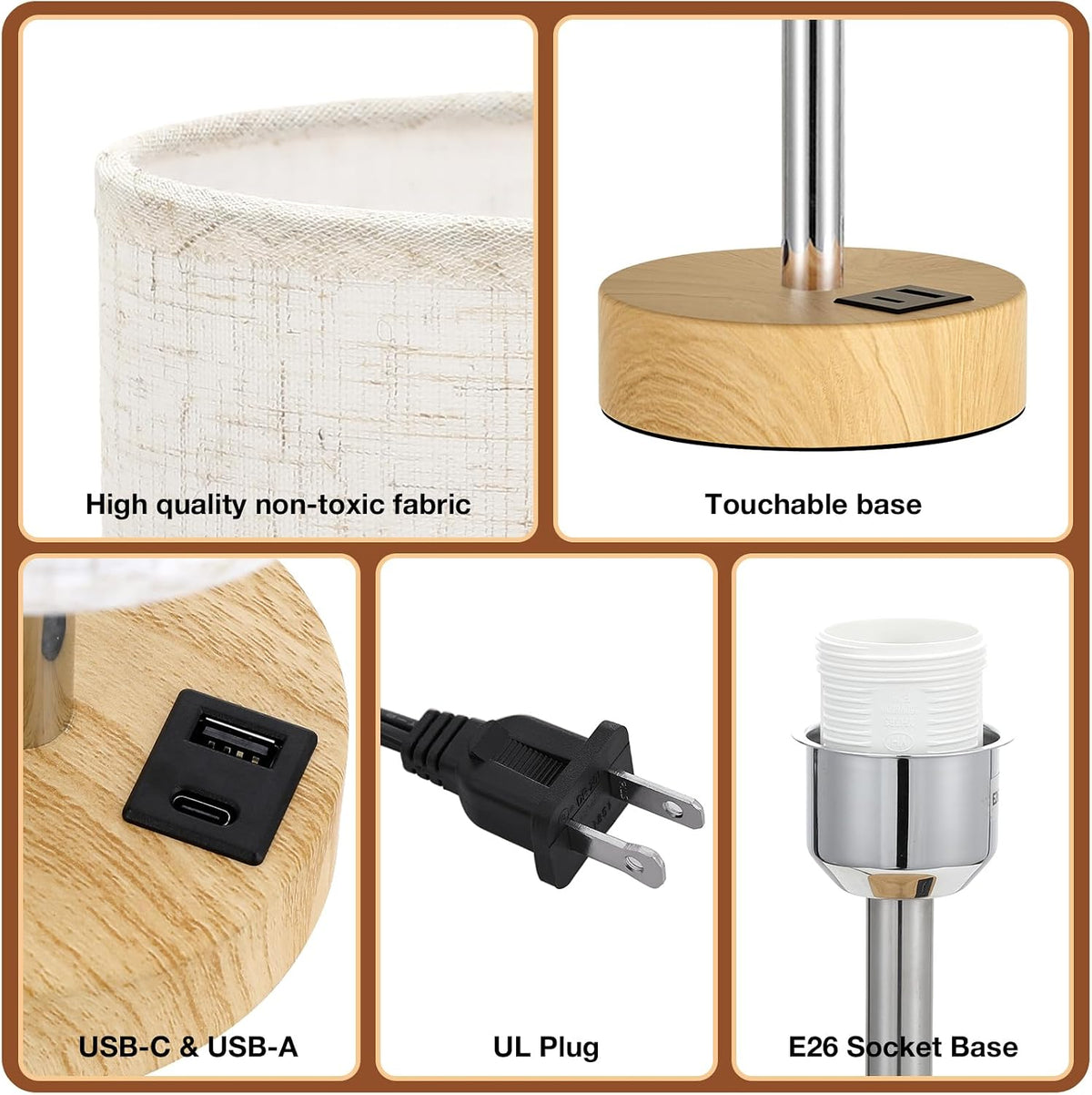 Dicoool Bedside Table Lamp for Bedroom - 3-Way Dimmable Touch Lamp, USB A+C