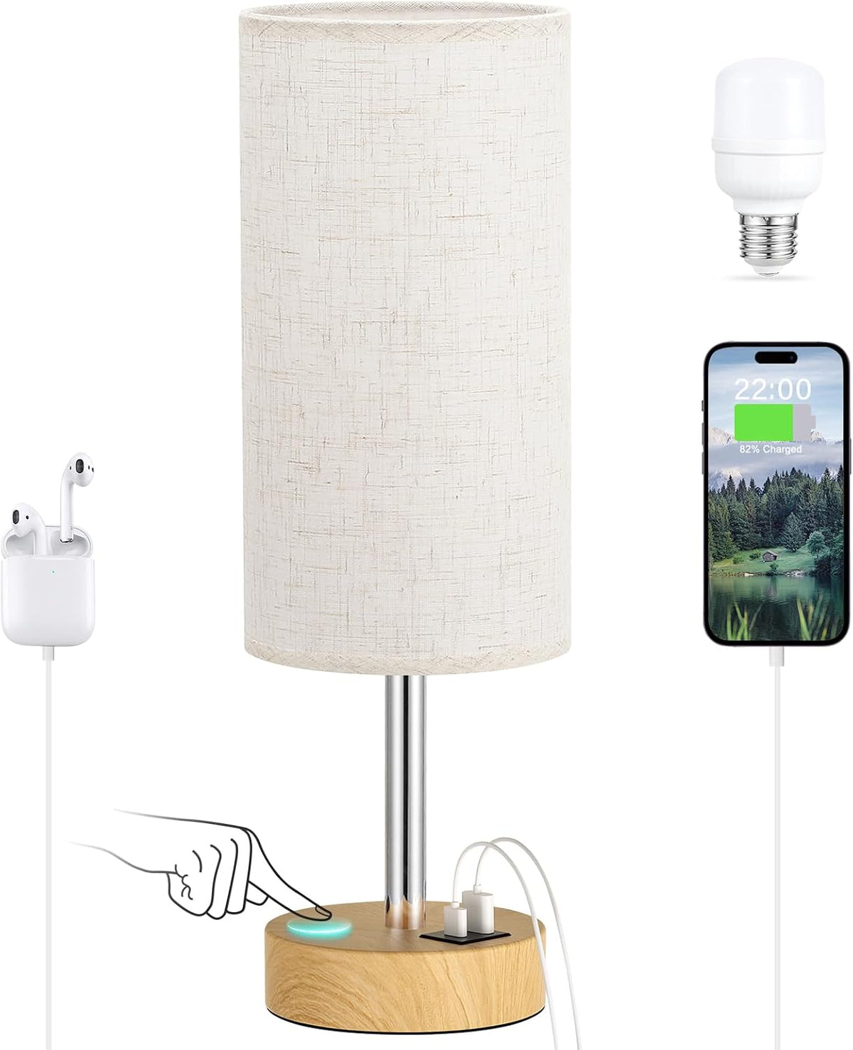 Dicoool Bedside Table Lamp for Bedroom - 3-Way Dimmable Touch Lamp, USB A+C
