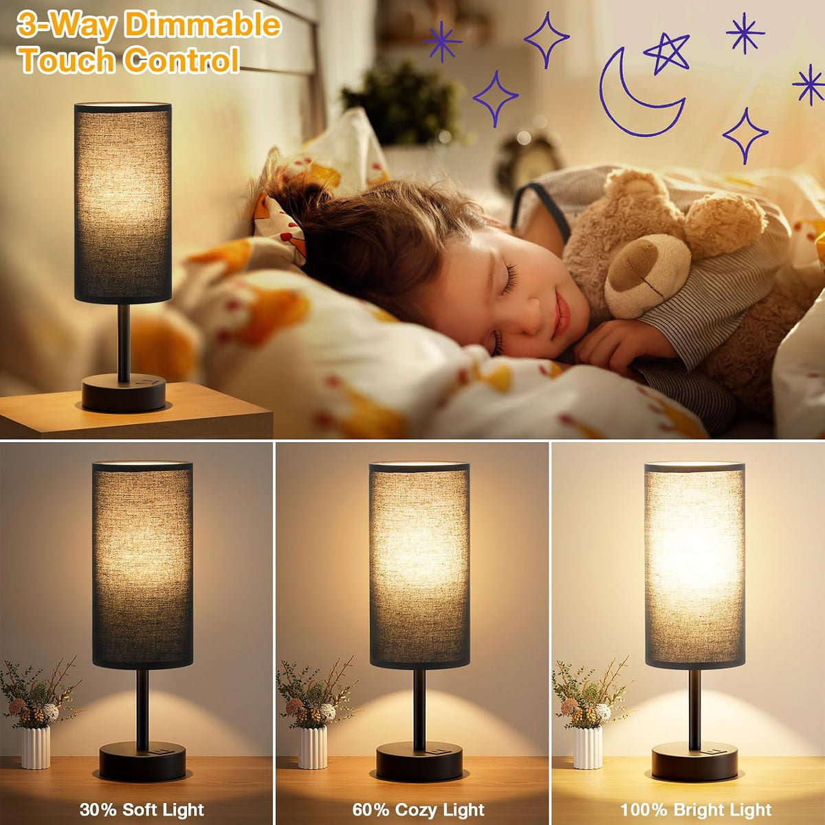 Dicoool Bedside Table Lamp for Bedroom - 3-Way Dimmable Touch Lamp, USB A+C