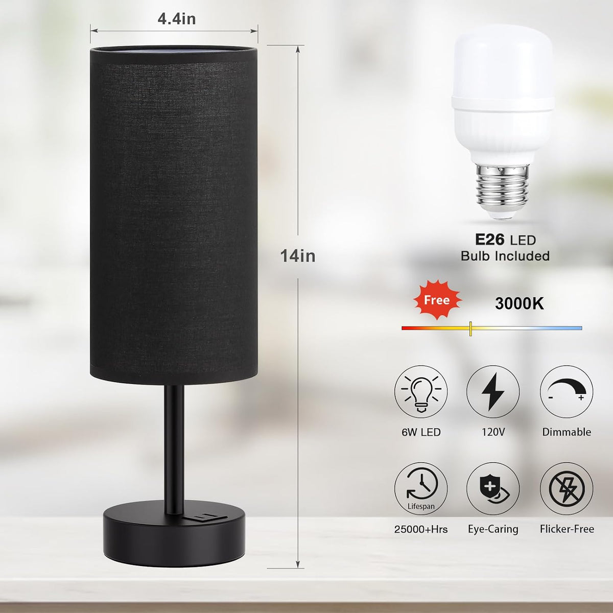 Dicoool Bedside Table Lamp for Bedroom - 3-Way Dimmable Touch Lamp, USB A+C