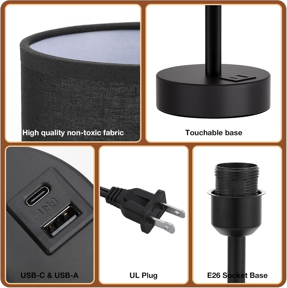 Dicoool Bedside Table Lamp for Bedroom - 3-Way Dimmable Touch Lamp, USB A+C
