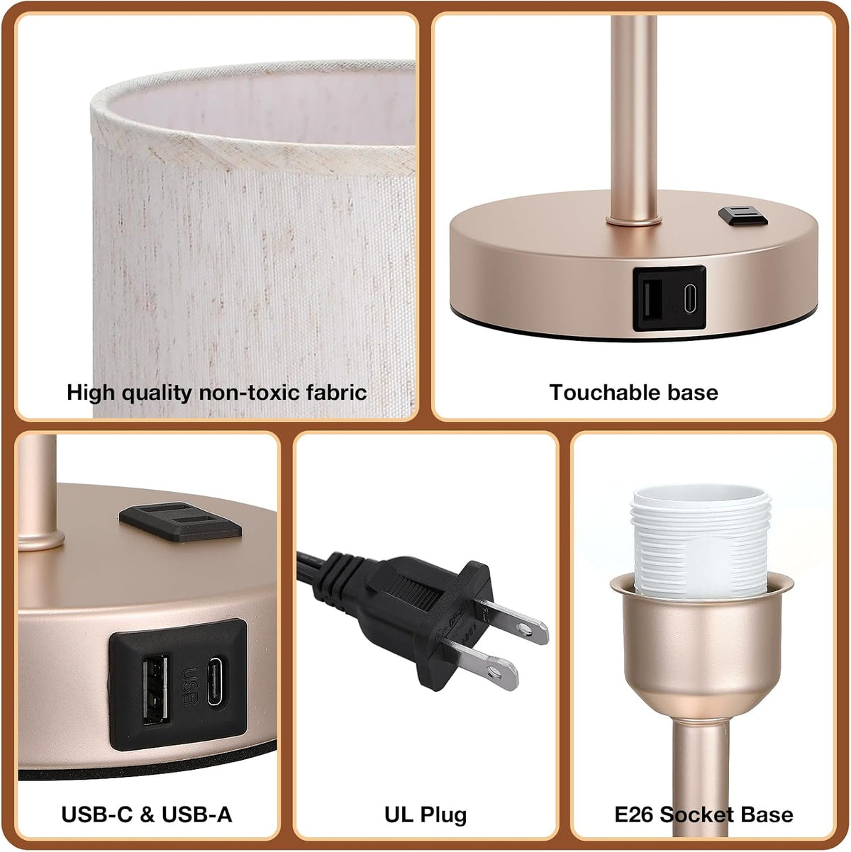 Dicoool Bedside Table Lamp for Bedroom - 3-Way Dimmable Touch Lamp, USB A+C