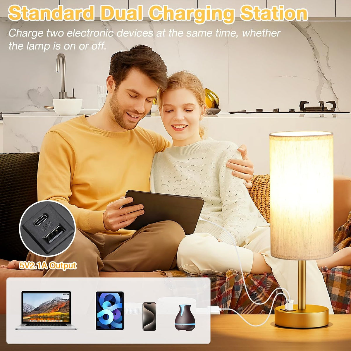 Dicoool Bedside Table Lamp for Bedroom - 3-Way Dimmable Touch Lamp, USB A+C