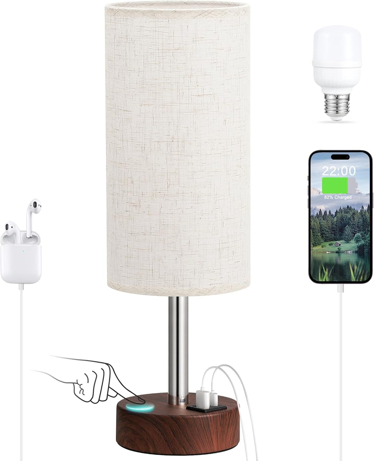 Dicoool Bedside Table Lamp for Bedroom - 3-Way Dimmable Touch Lamp, USB A+C