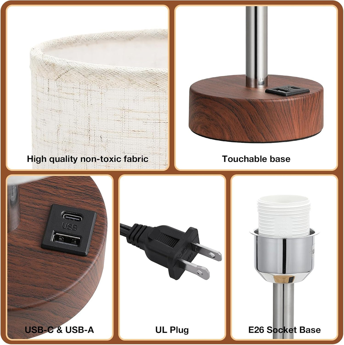 Dicoool Bedside Table Lamp for Bedroom - 3-Way Dimmable Touch Lamp, USB A+C