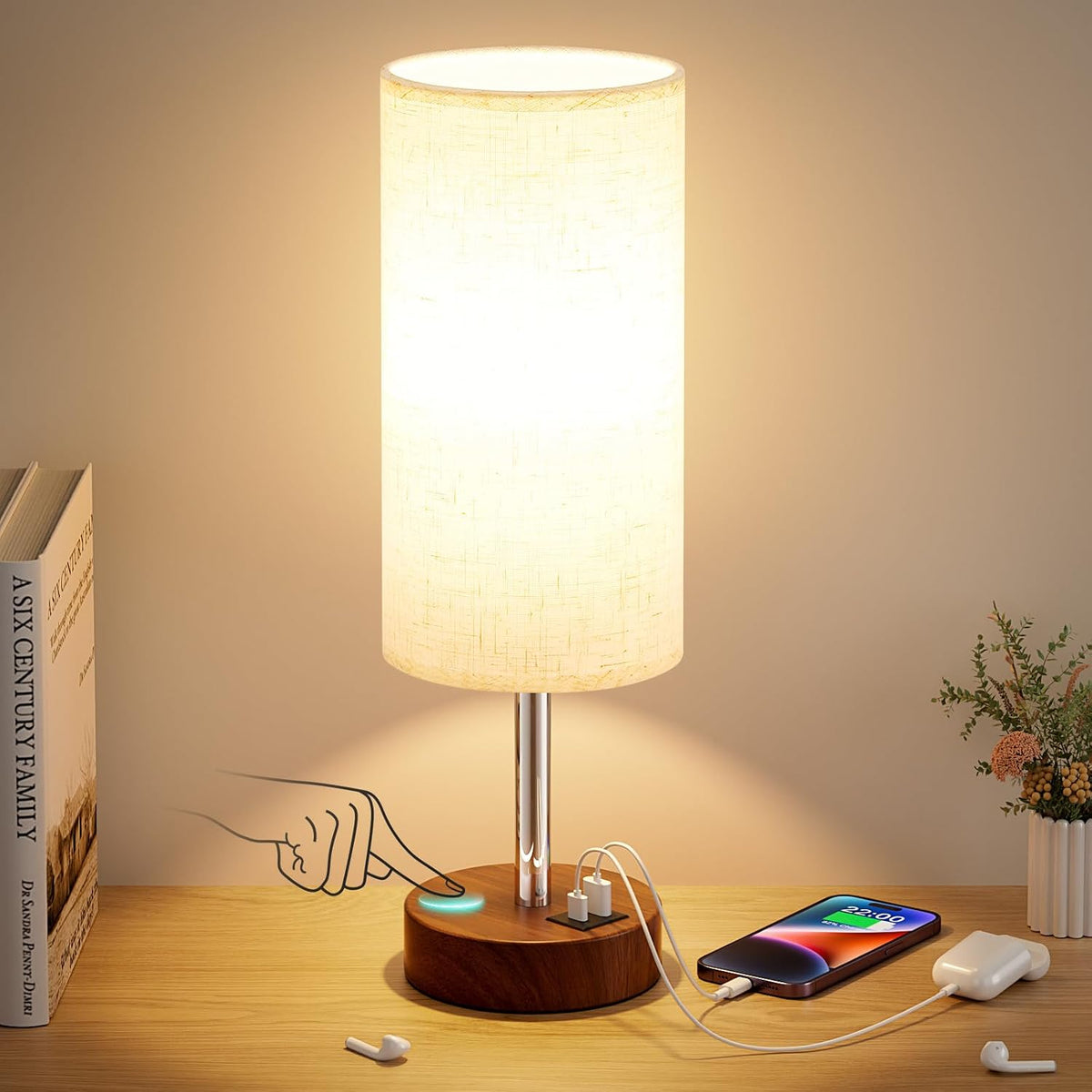 Dicoool Bedside Table Lamp for Bedroom - 3-Way Dimmable Touch Lamp, USB A+C