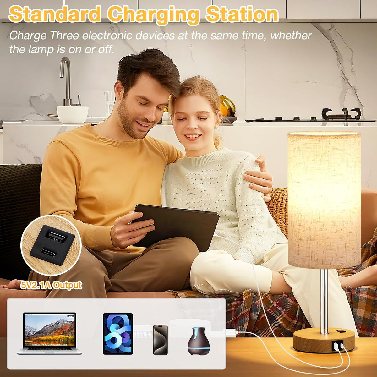 Dicoool Bedside Table Lamp for Bedroom - 3-Way Dimmable Touch Lamp, USB A+C