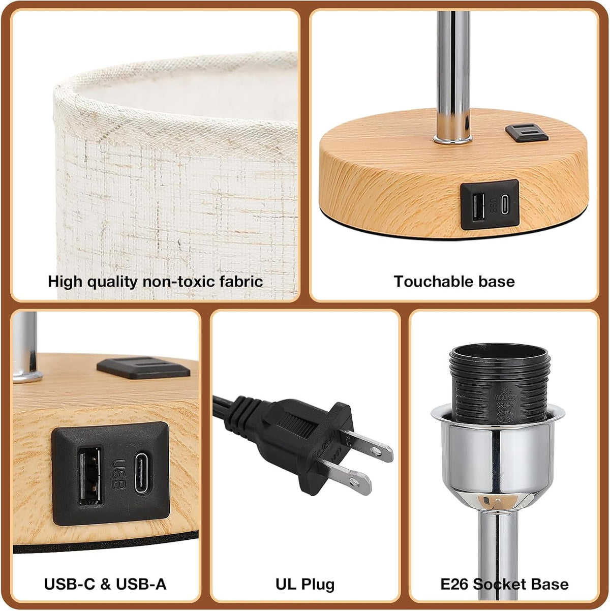 Dicoool Bedside Table Lamp for Bedroom - 3-Way Dimmable Touch Lamp, USB A+C