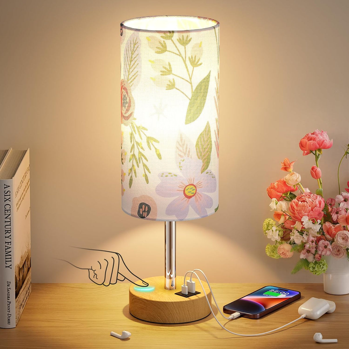 Dicoool Bedside Table Lamp for Bedroom - 3-Way Dimmable Touch Lamp, USB A+C