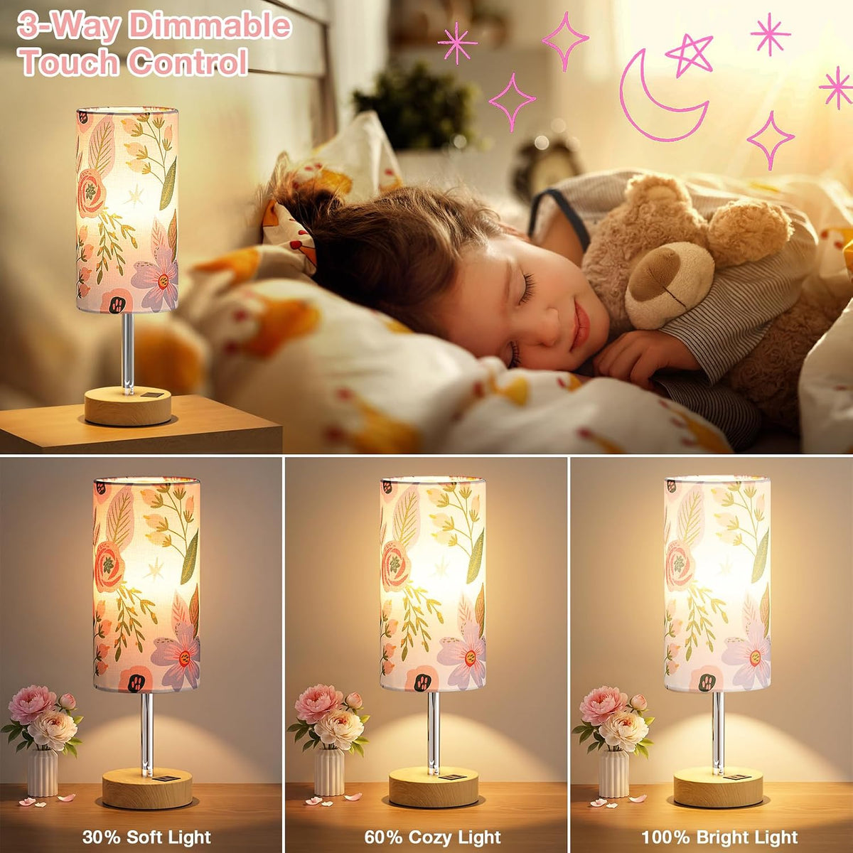 Dicoool Bedside Table Lamp for Bedroom - 3-Way Dimmable Touch Lamp, USB A+C