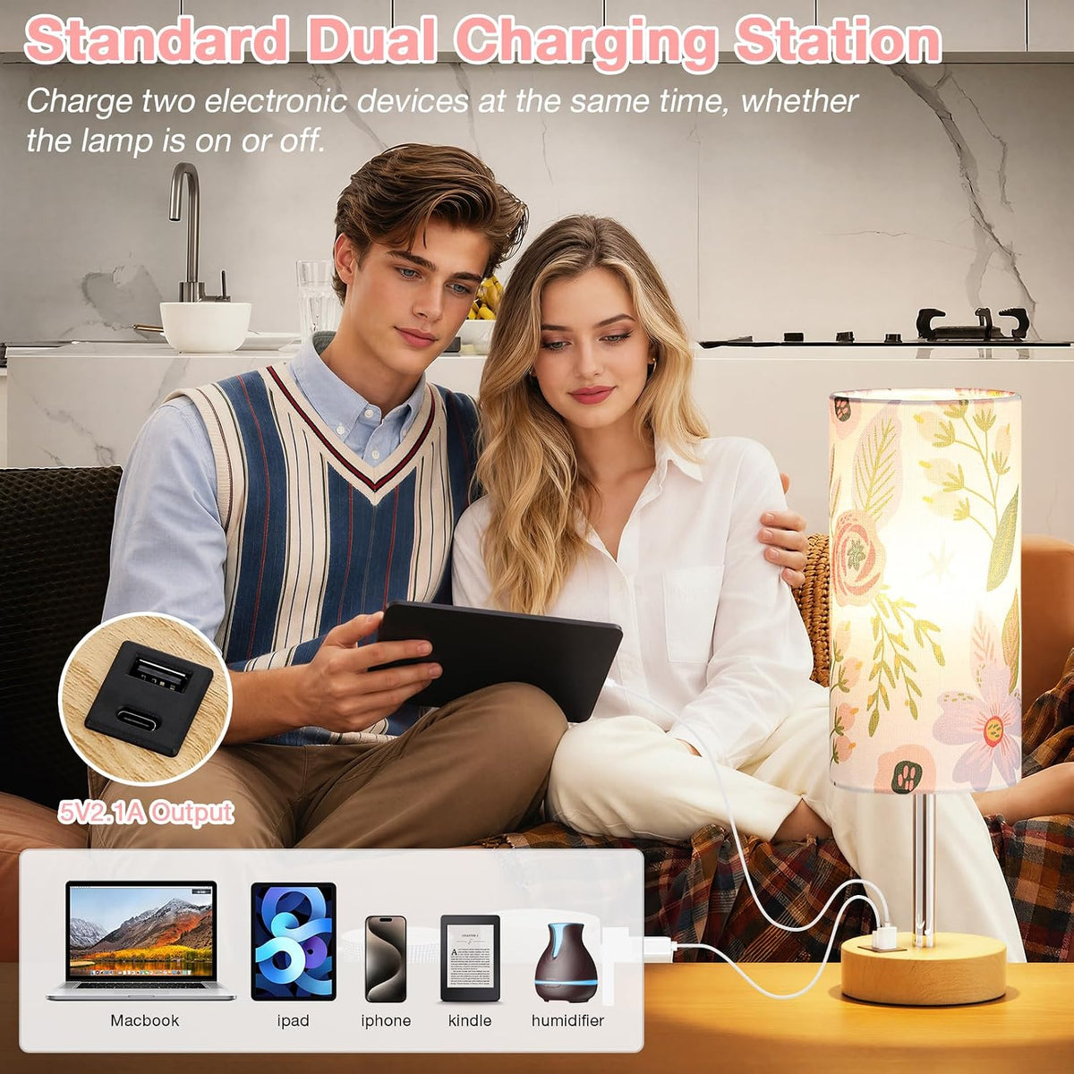 Dicoool Bedside Table Lamp for Bedroom - 3-Way Dimmable Touch Lamp, USB A+C
