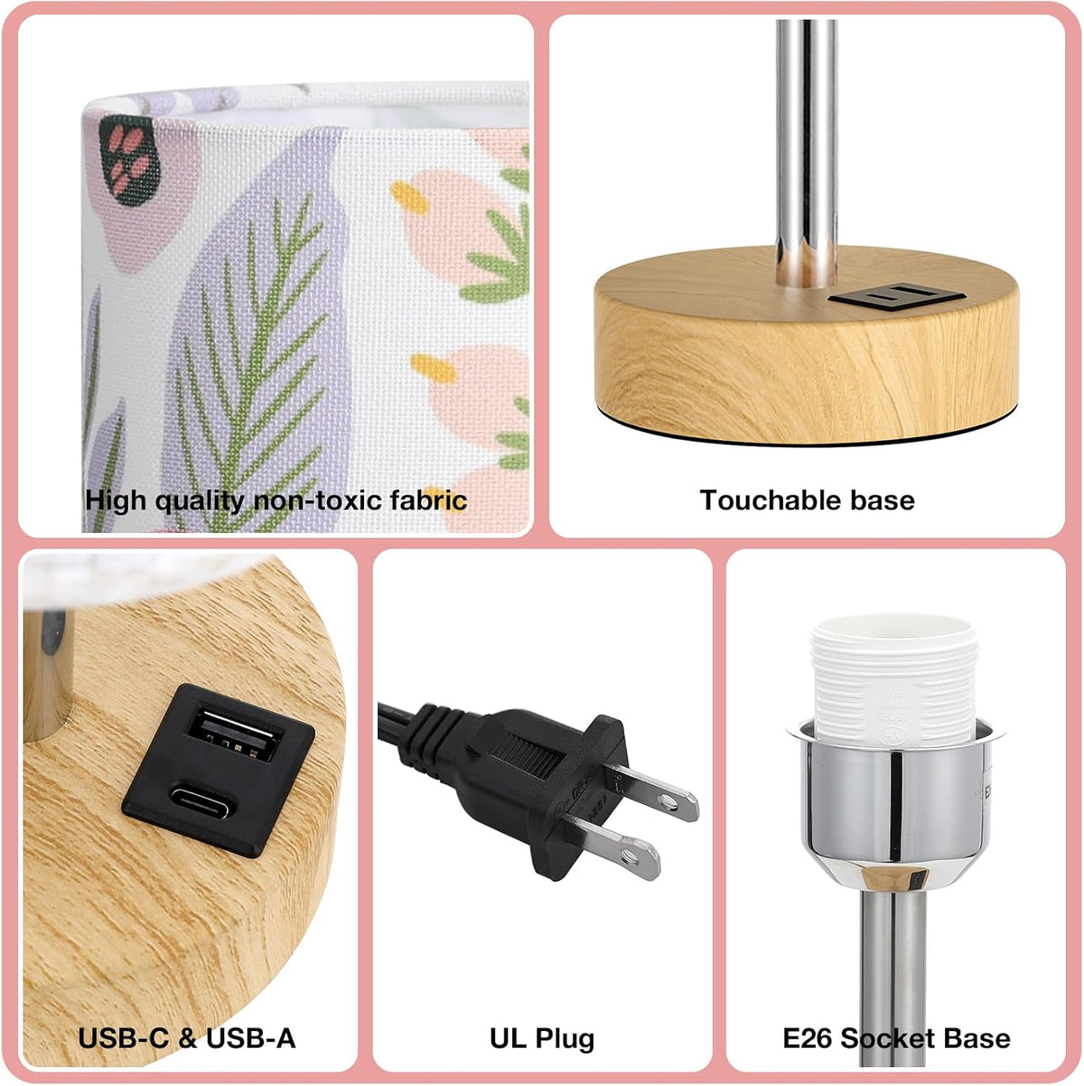 Dicoool Bedside Table Lamp for Bedroom - 3-Way Dimmable Touch Lamp, USB A+C