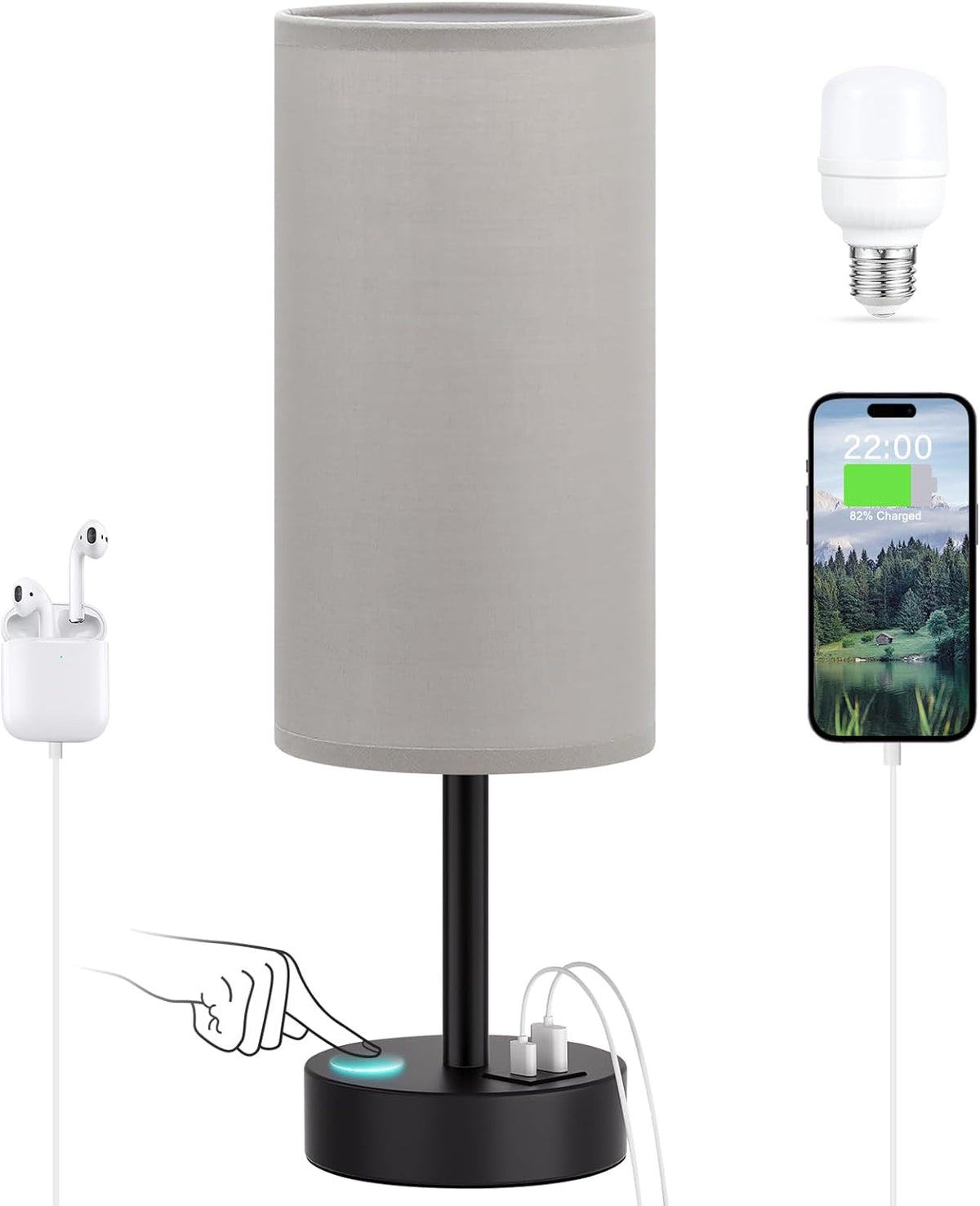 Dicoool Bedside Table Lamp for Bedroom - 3-Way Dimmable Touch Lamp, USB A+C