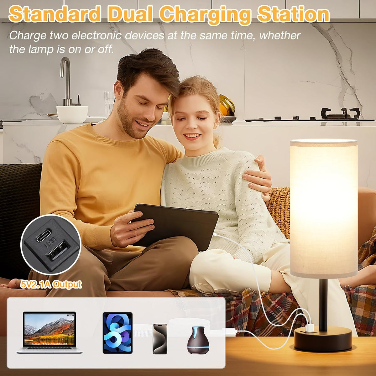 Dicoool Bedside Table Lamp for Bedroom - 3-Way Dimmable Touch Lamp, USB A+C
