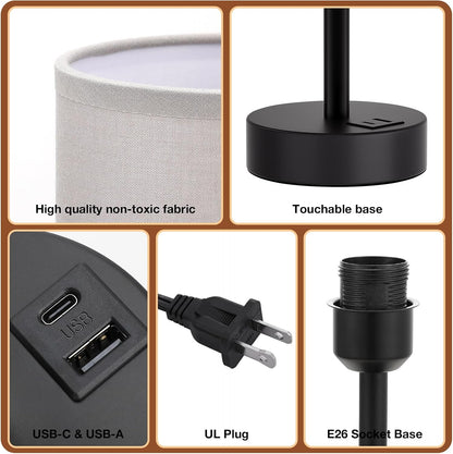 Dicoool Bedside Table Lamp for Bedroom - 3-Way Dimmable Touch Lamp, USB A+C