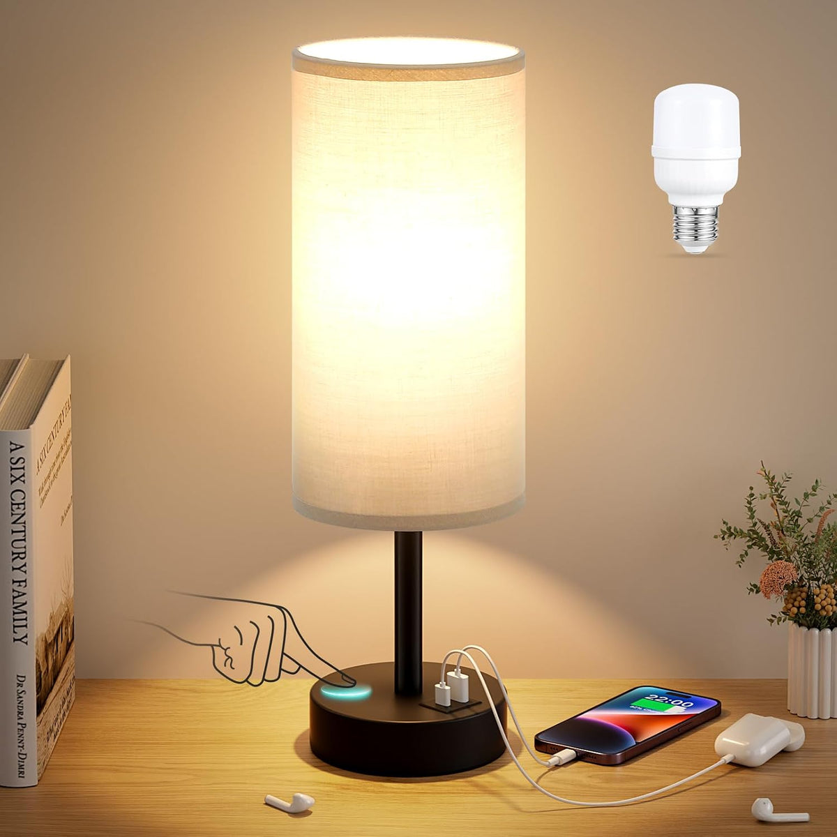 Dicoool Bedside Table Lamp for Bedroom - 3-Way Dimmable Touch Lamp, USB A+C