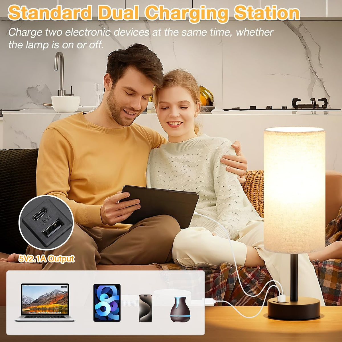 Dicoool Bedside Table Lamp for Bedroom - 3-Way Dimmable Touch Lamp, USB A+C