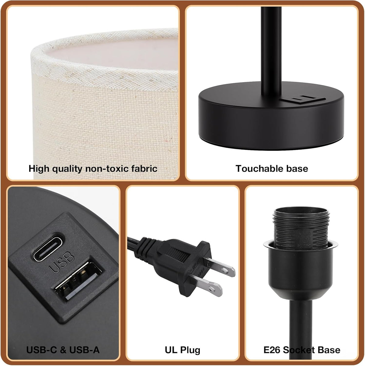 Dicoool Bedside Table Lamp for Bedroom - 3-Way Dimmable Touch Lamp, USB A+C