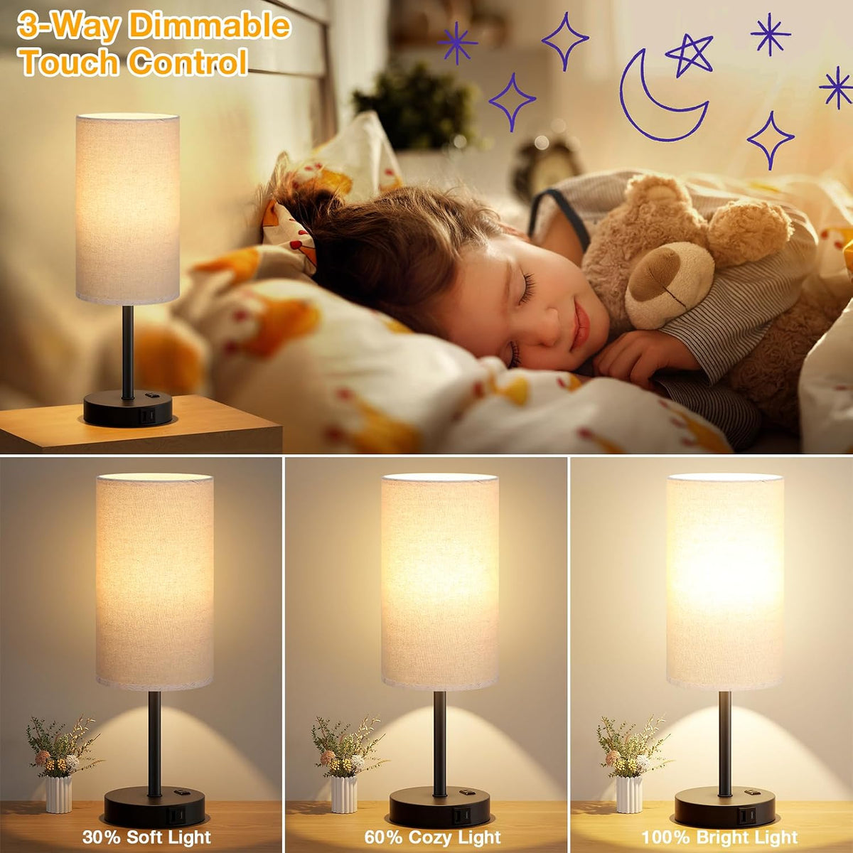 Dicoool Bedside Table Lamp for Bedroom - 3-Way Dimmable Touch Lamp, USB A+C