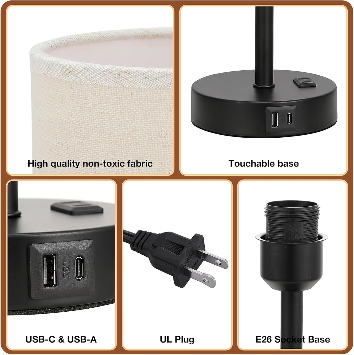 Dicoool Bedside Table Lamp for Bedroom - 3-Way Dimmable Touch Lamp, USB A+C