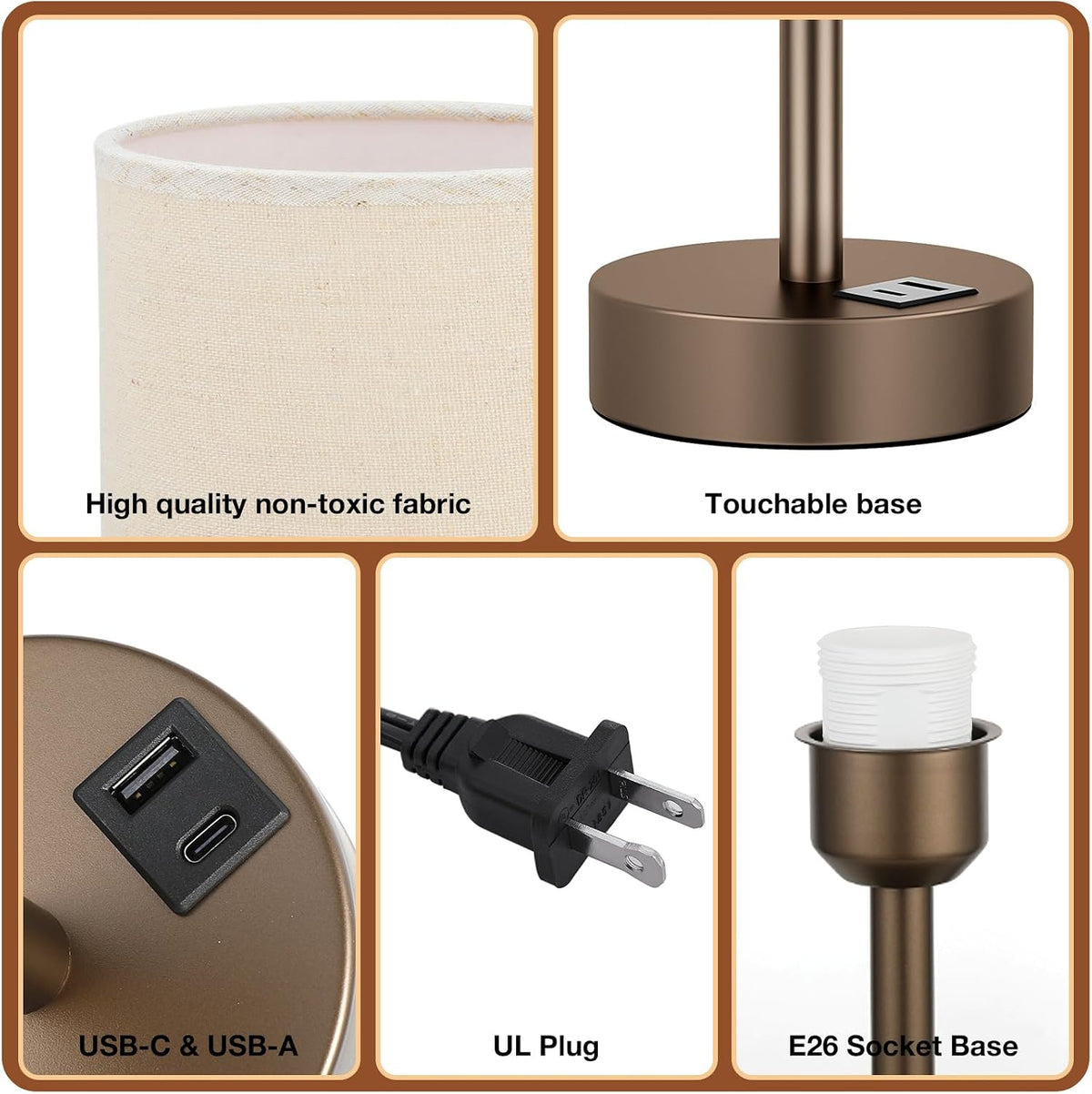 Dicoool Bedside Table Lamp for Bedroom - 3-Way Dimmable Touch Lamp, USB A+C
