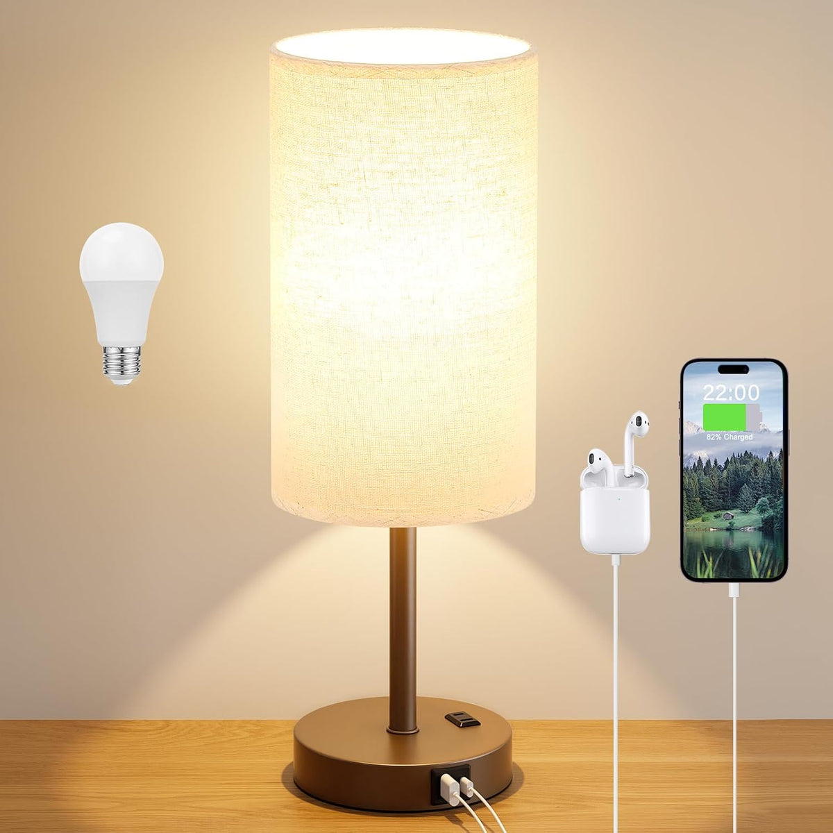 Dicoool Bedside Table Lamp for Bedroom - 3-Way Dimmable Touch Lamp, USB A+C