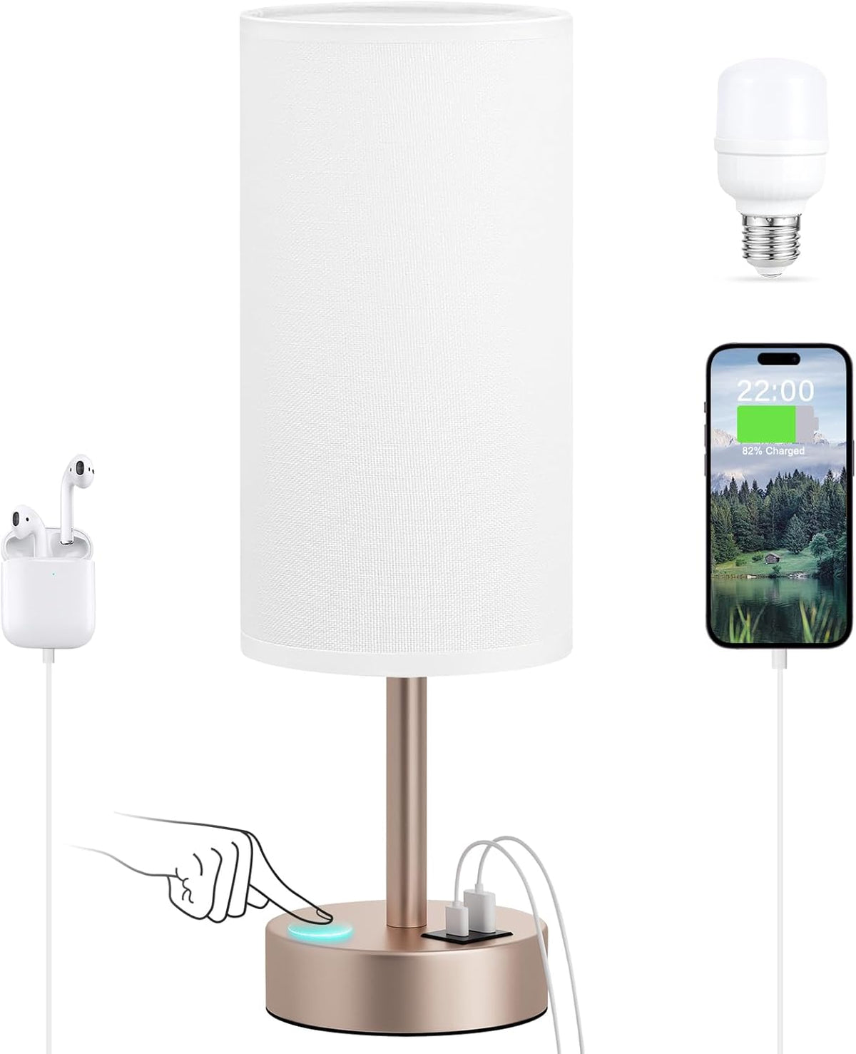 Dicoool Bedside Table Lamp for Bedroom - 3-Way Dimmable Touch Lamp, USB A+C
