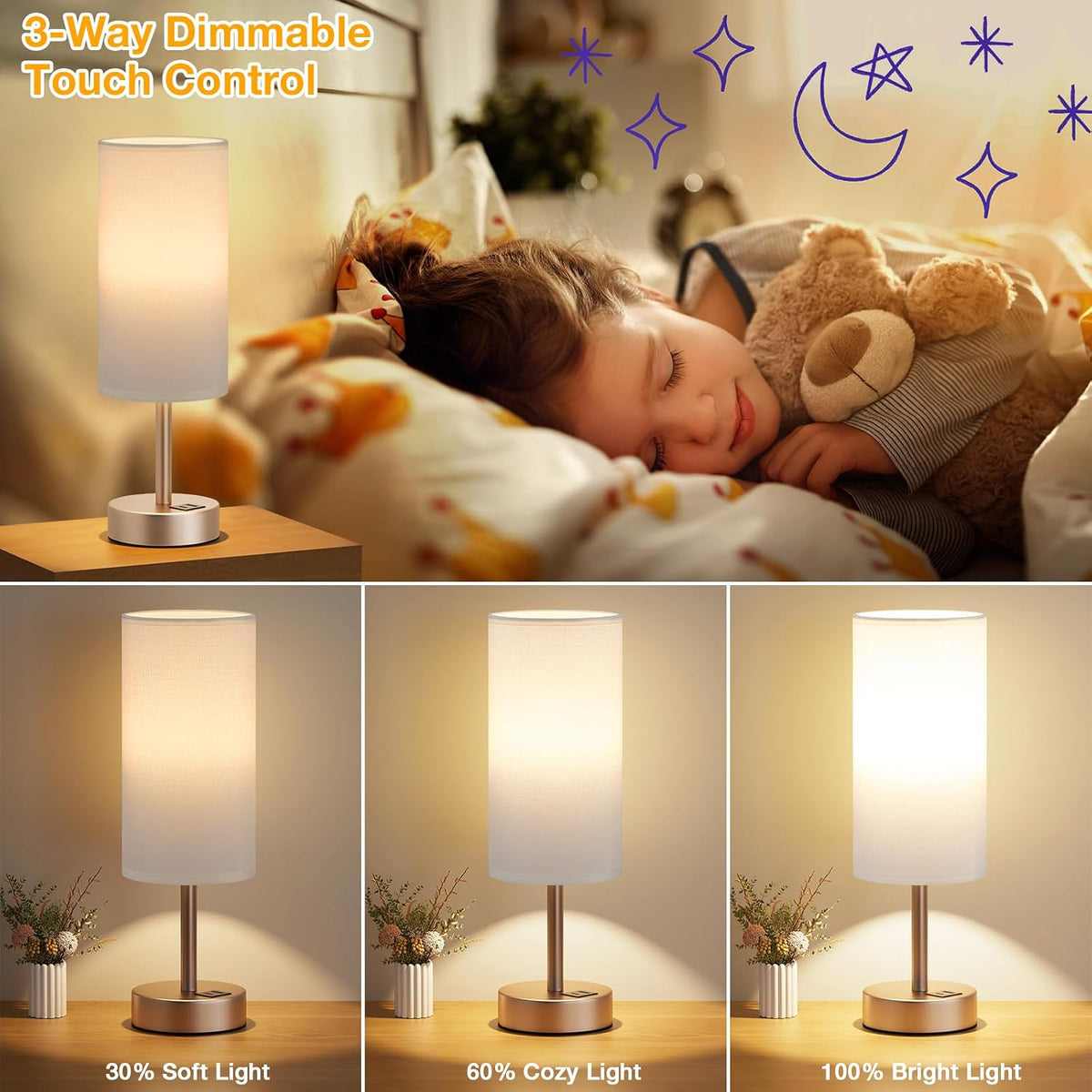 Dicoool Bedside Table Lamp for Bedroom - 3-Way Dimmable Touch Lamp, USB A+C