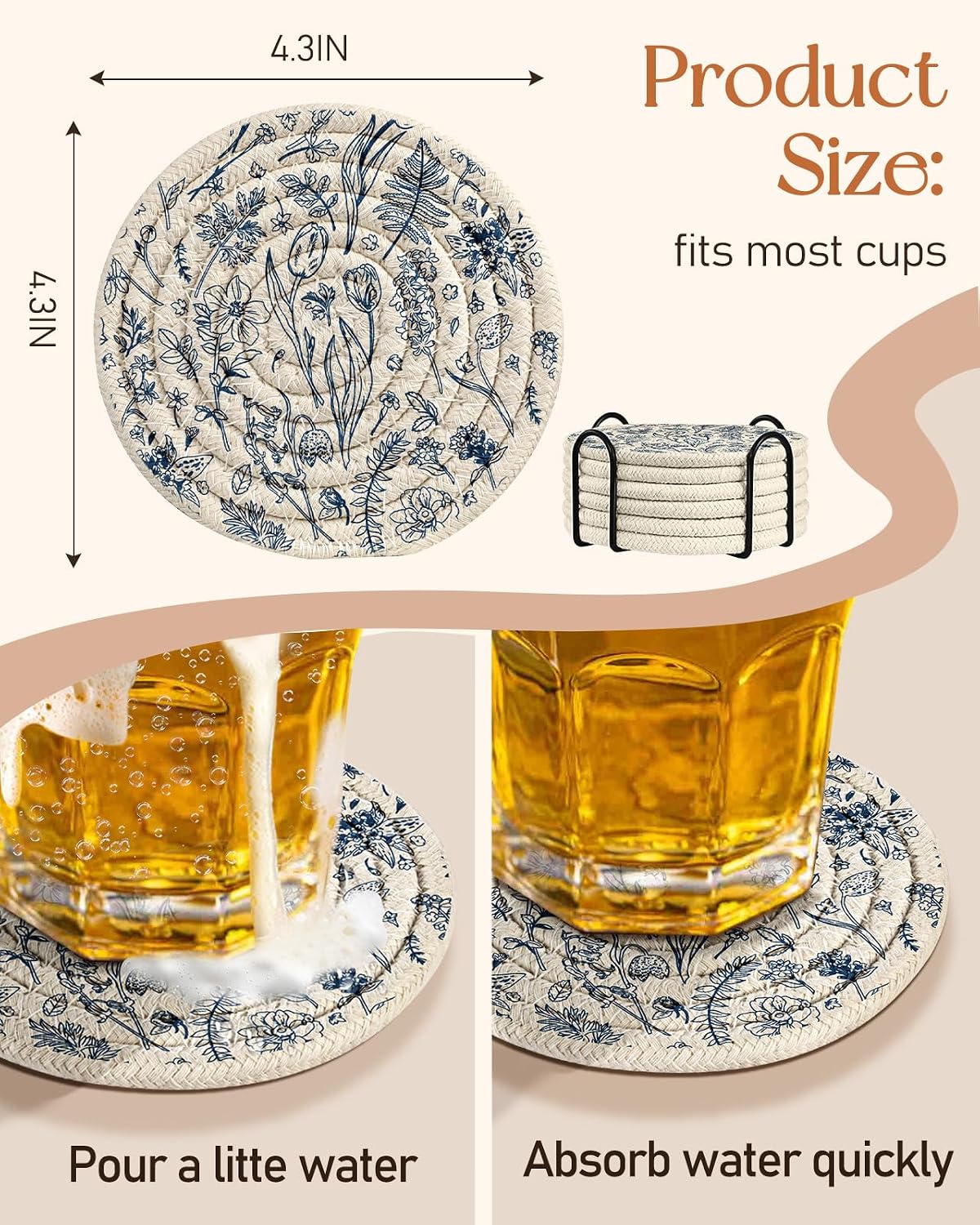 Absorbent Cup Coasters Set of 6 with Holder, Blue Flower