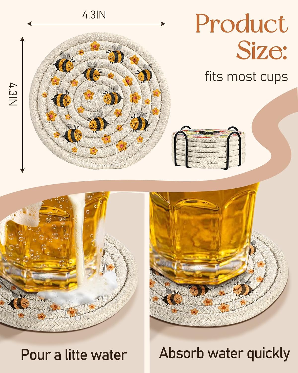 Absorbent Cup Coasters Set of 6 with Holder, Blue Flower