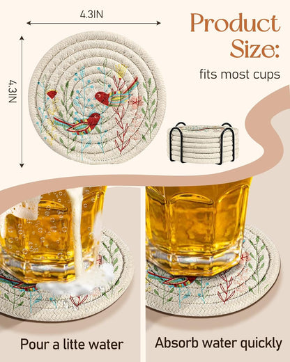 Absorbent Cup Coasters Set of 6 with Holder, Blue Flower