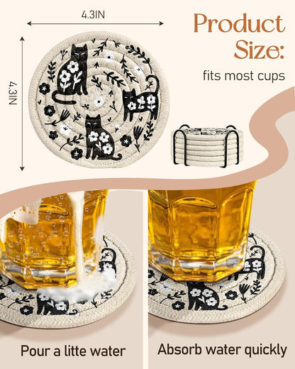 Absorbent Cup Coasters Set of 6 with Holder, Blue Flower