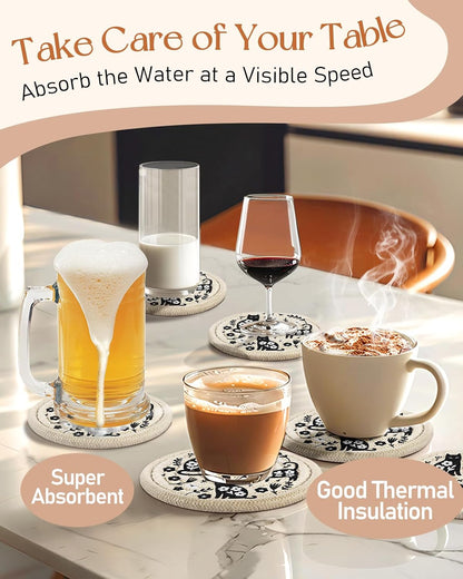 Absorbent Cup Coasters Set of 6 with Holder, Blue Flower