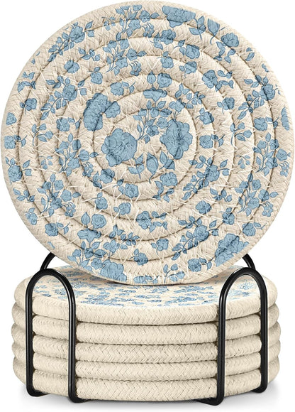 Absorbent Cup Coasters Set of 6 with Holder, Blue Flower