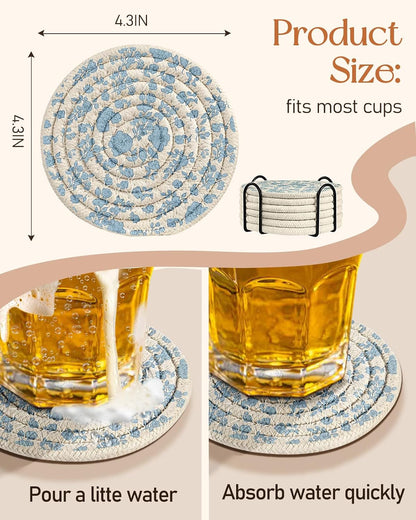 Absorbent Cup Coasters Set of 6 with Holder, Blue Flower