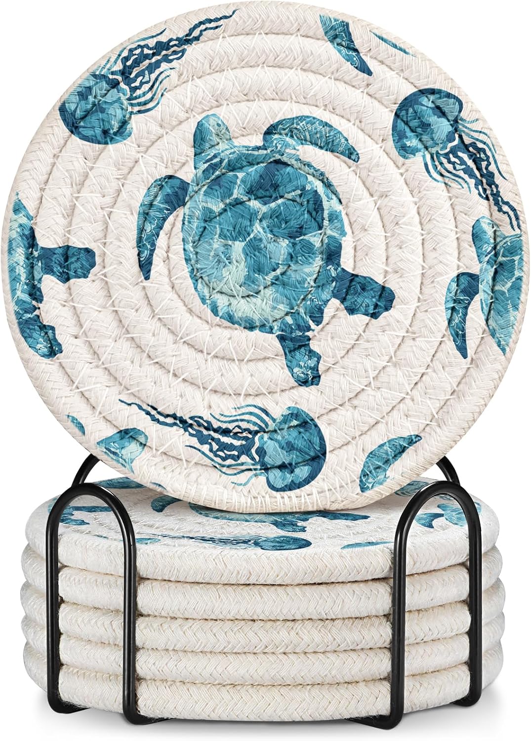Absorbent Cup Coasters Set of 6 with Holder, Blue Flower