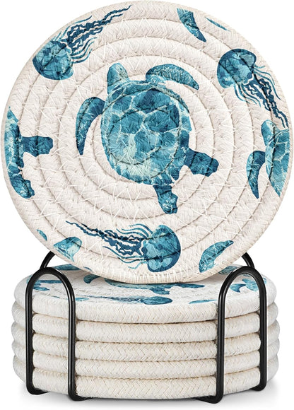 Absorbent Cup Coasters Set of 6 with Holder, Blue Flower