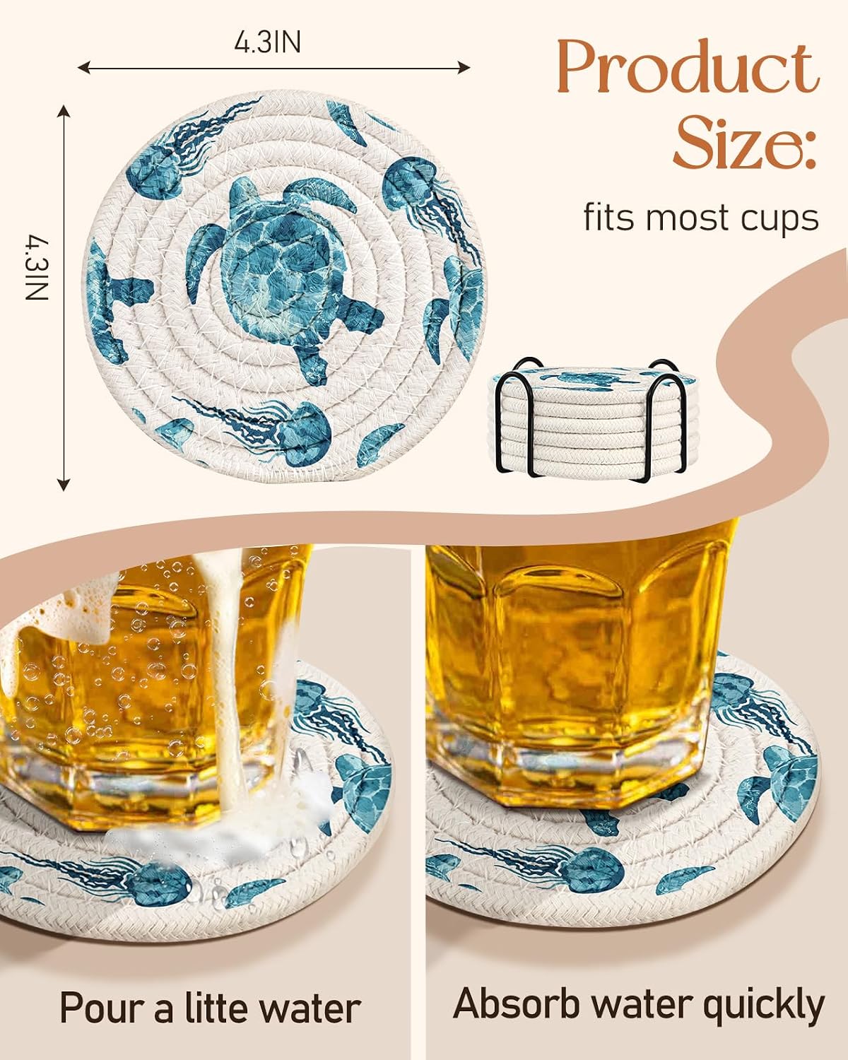 Absorbent Cup Coasters Set of 6 with Holder, Blue Flower
