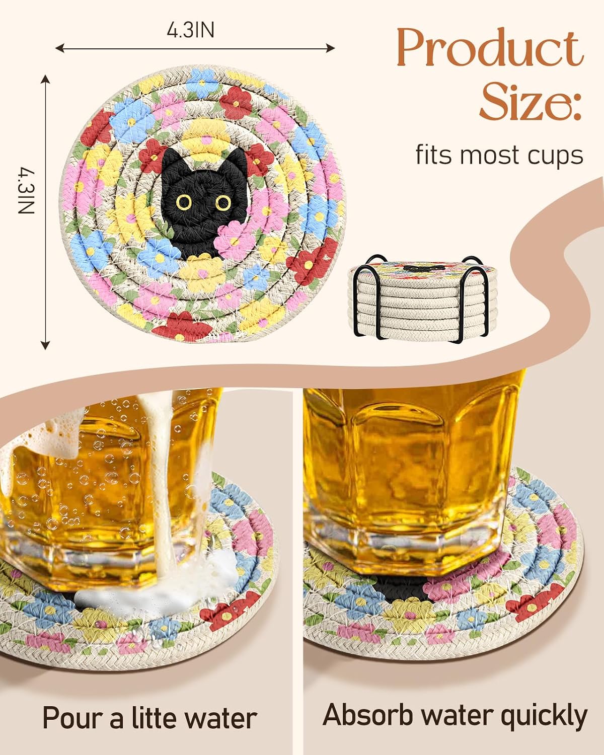 Absorbent Cup Coasters Set of 6 with Holder, Blue Flower