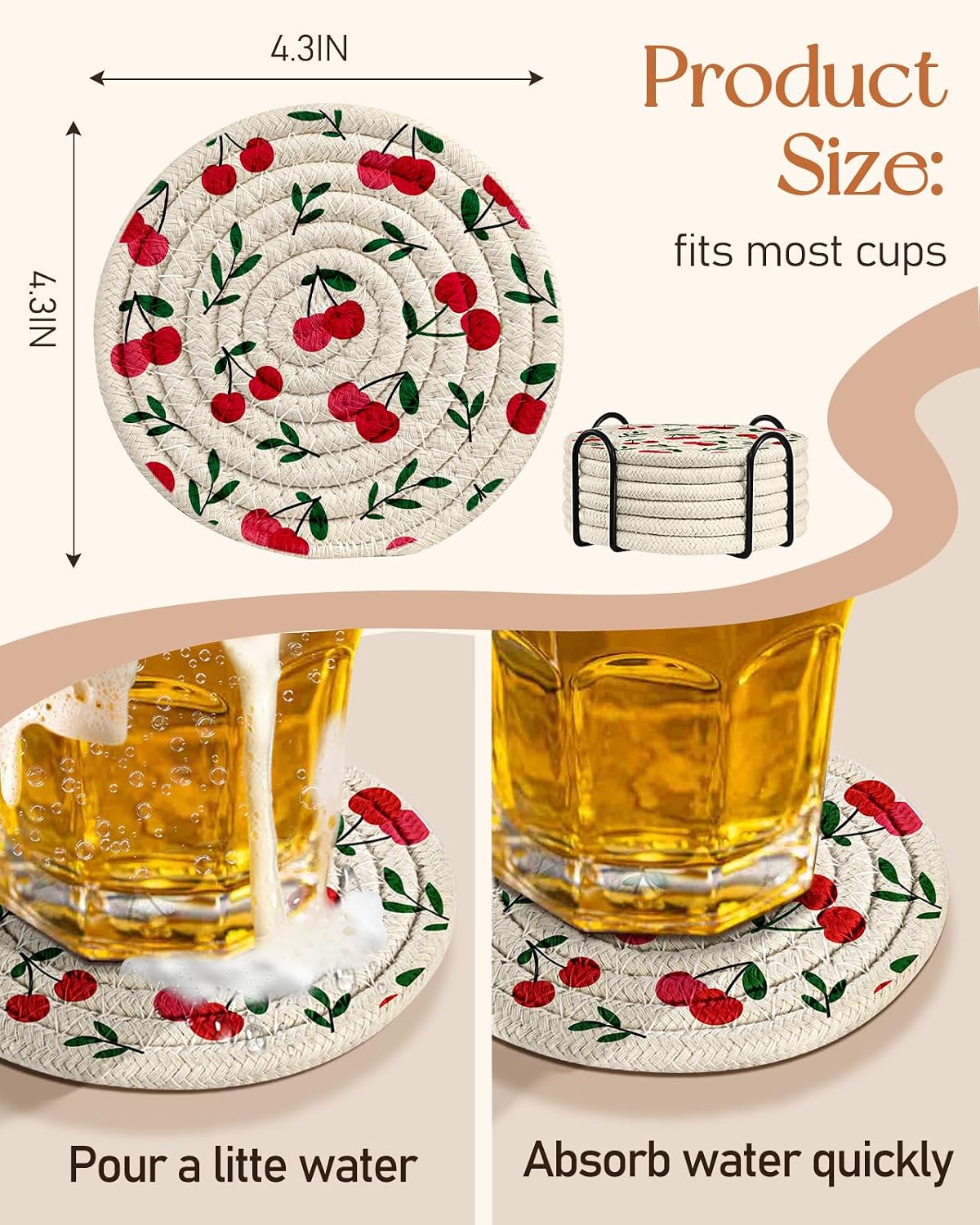 Absorbent Cup Coasters Set of 6 with Holder, Blue Flower